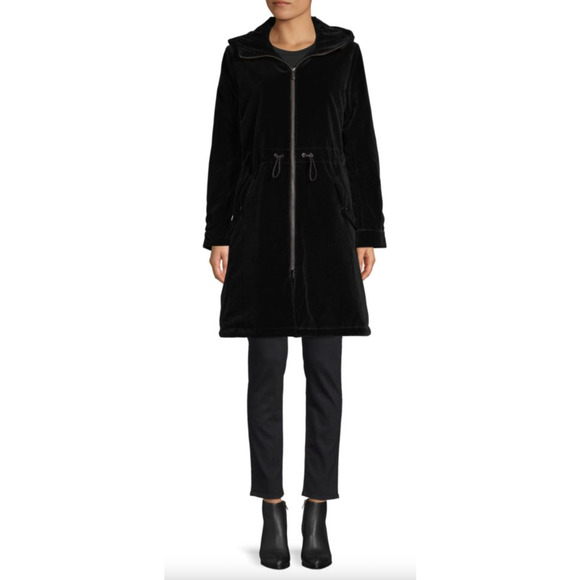 NWT JANE POST BLACK VELVET HOODED RAIN PARKA COAT $650 SIZE MEDIUM - Picture 3 of 14